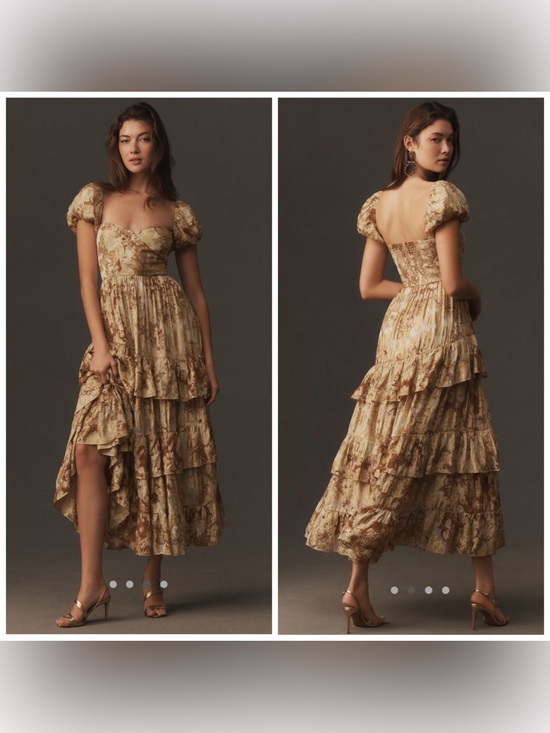 Anthropologie Dresses & Skirts - BHLDN Lurex Printed Tiered Puff Sleeve Dress Gold Metallic Size Large